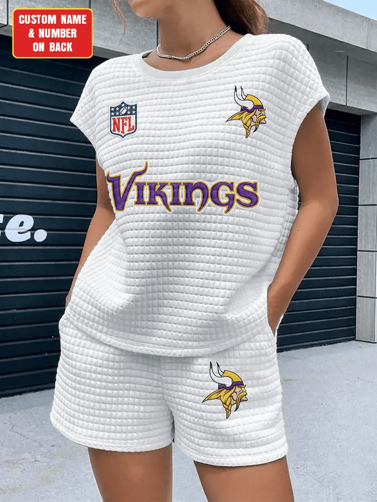 Minnesota Vikings Women Waffle Bat Sleeves Shirt And Shorts Set PM2LXG