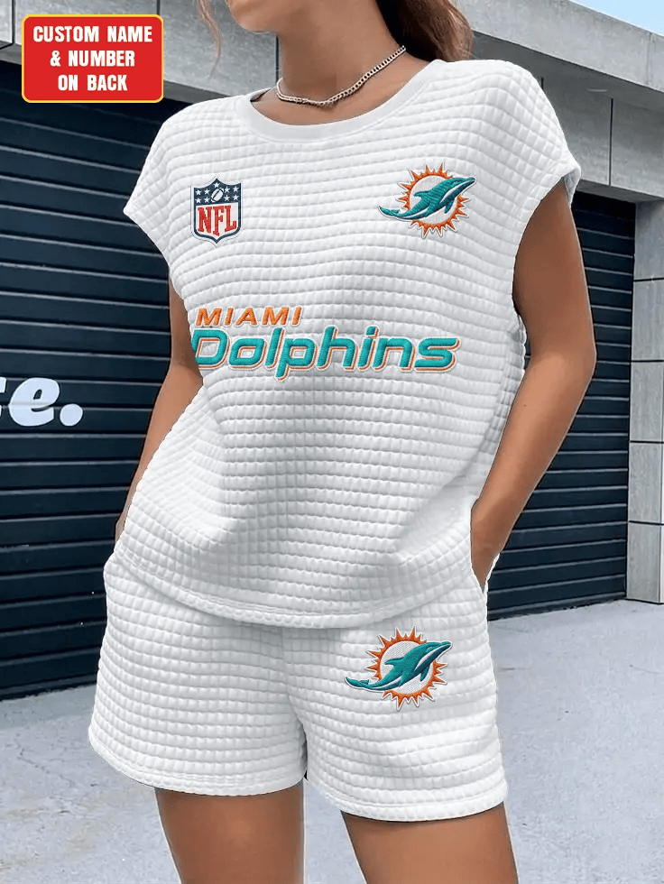 Miami Dolphins Women Waffle Bat Sleeves Shirt And Shorts Set PFPYEH