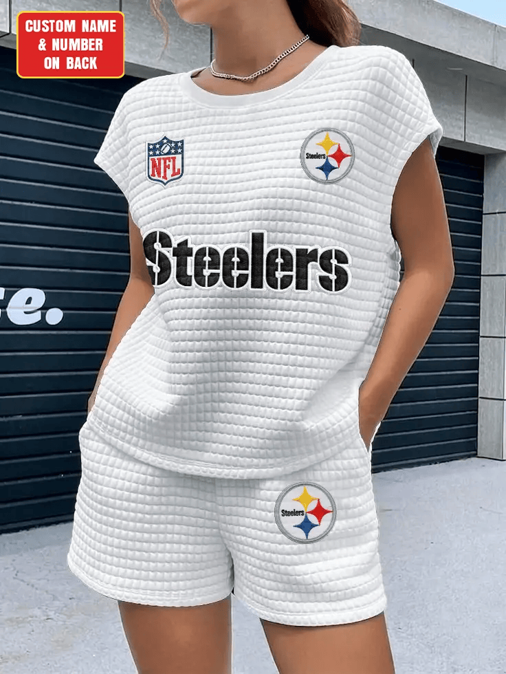 Pittsburgh Steelers Women Waffle Bat Sleeves Shirt And Shorts Set PVK6X2