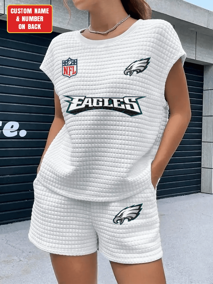 Philadelphia Eagles Women Waffle Bat Sleeves Shirt And Shorts Set P7VVCN