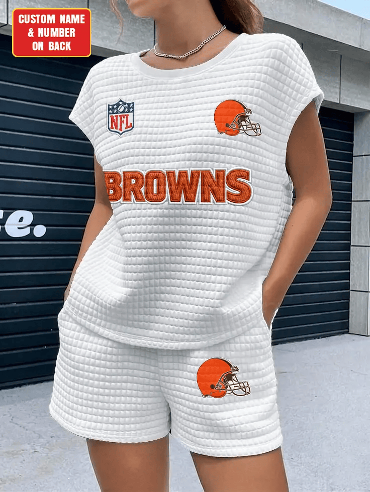 Cleveland Browns Women Waffle Bat Sleeves Shirt And Shorts Set PQTBS2