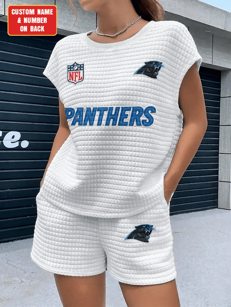 Carolina Panthers Women Waffle Bat Sleeves Shirt And Shorts Set PJ39CT