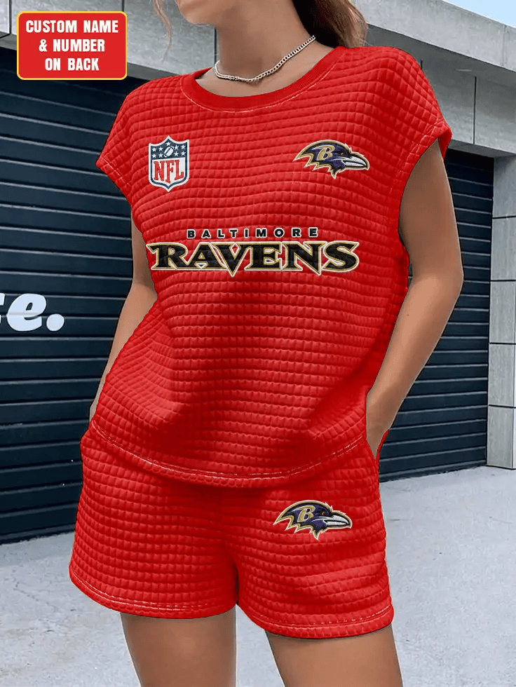 Baltimore Ravens Women Waffle Bat Sleeves Shirt And Shorts Set P8DTC9
