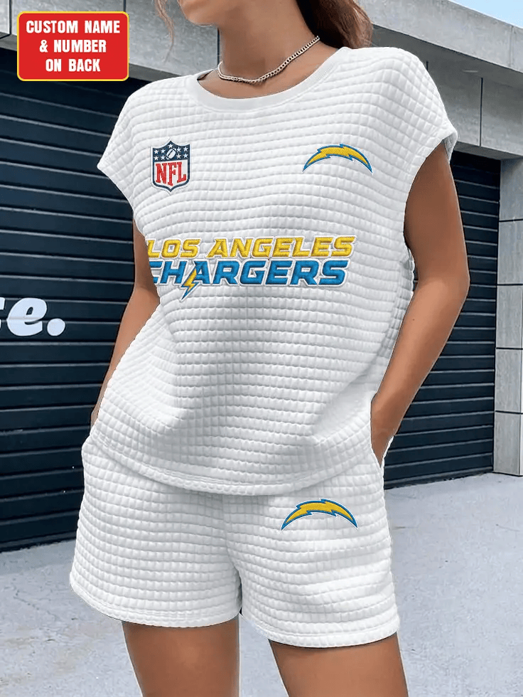 Los Angeles Chargers Women Waffle Bat Sleeves Shirt And Shorts Set PZ7VM5