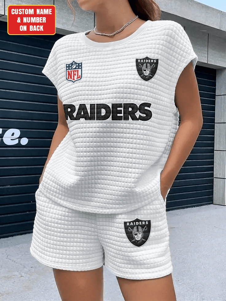 Las Vegas Raiders Women Waffle Bat Sleeves Shirt And Shorts Set P8XYMN