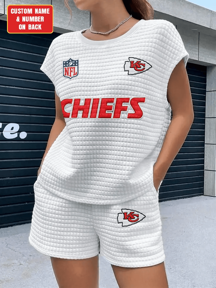 Kansas City Chiefs Women Waffle Bat Sleeves Shirt And Shorts Set P8R3MM