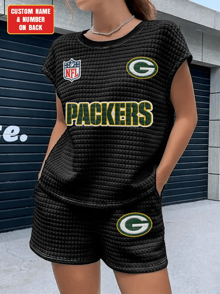 Green Bay Packers Women Waffle Bat Sleeves Shirt And Shorts Set PZZXL4