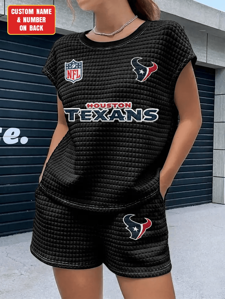 Houston Texans Women Waffle Bat Sleeves Shirt And Shorts Set PU97S7