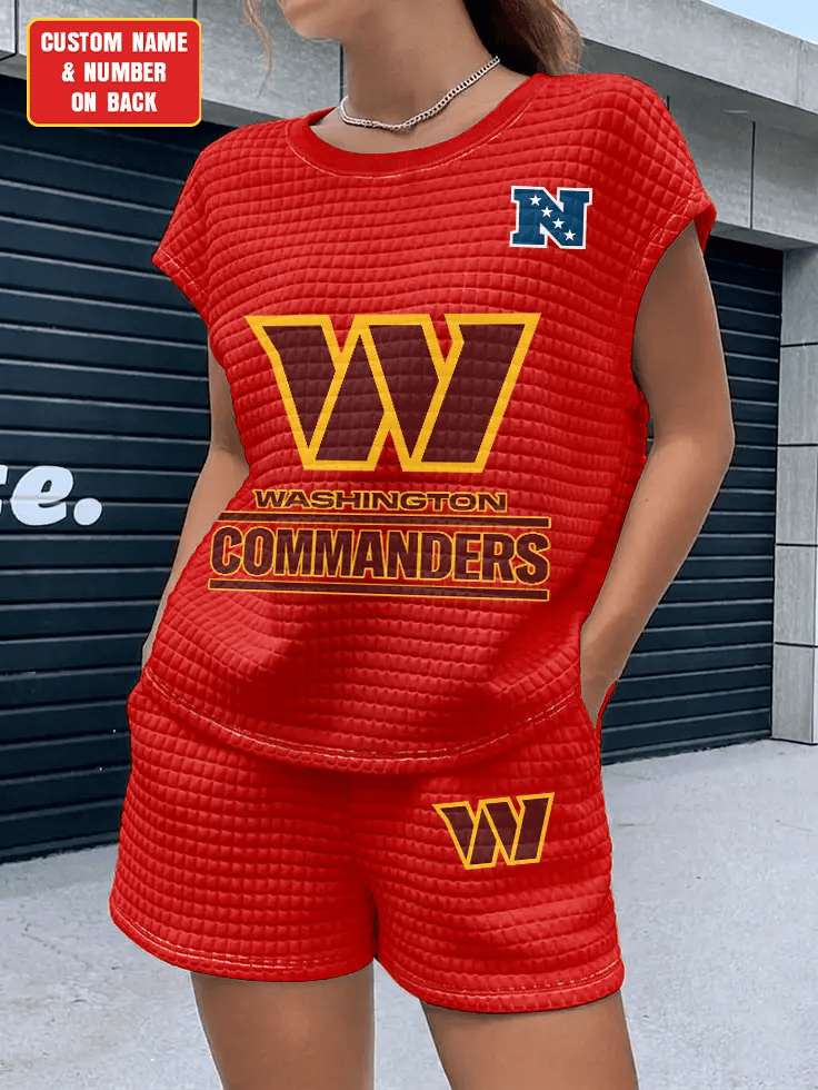 Washington Commanders Women Waffle Bat Sleeves Shirt And Shorts Set P852AX