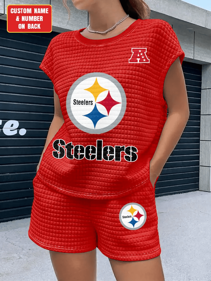 Pittsburgh Steelers Women Waffle Bat Sleeves Shirt And Shorts Set PD7CN6