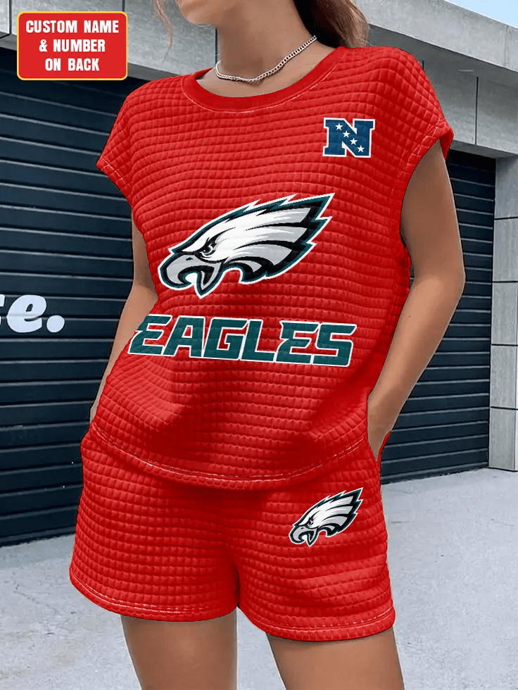 Philadelphia Eagles Women Waffle Bat Sleeves Shirt And Shorts Set PMYU49