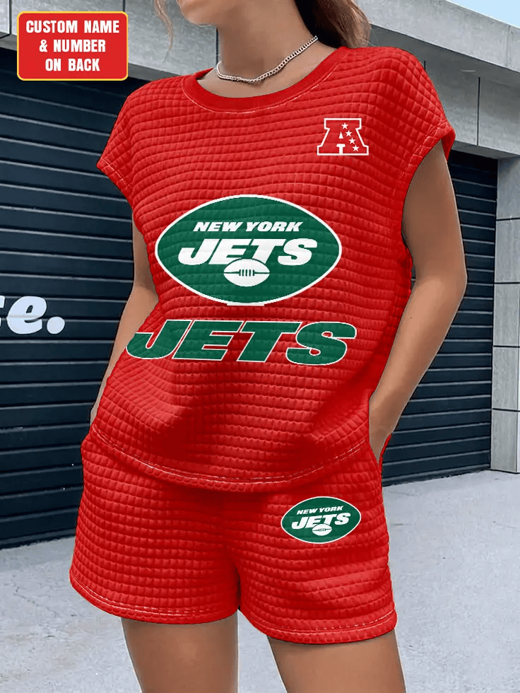 New York Jets Women Waffle Bat Sleeves Shirt And Shorts Set PDFM35