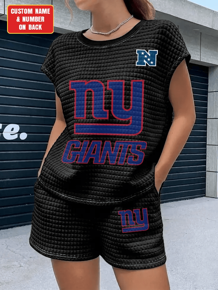 New York Giants Women Waffle Bat Sleeves Shirt And Shorts Set PN53VU