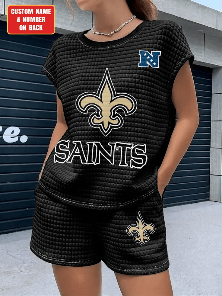 New Orleans Saints Women Waffle Bat Sleeves Shirt And Shorts Set PWN2WH