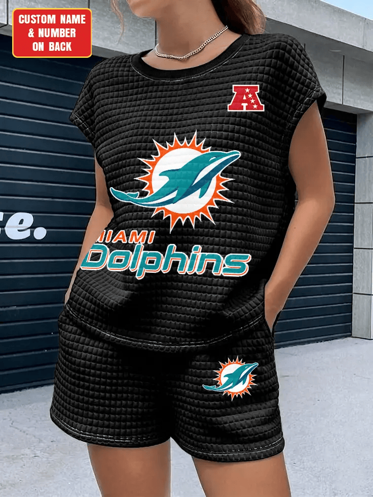 Miami Dolphins Women Waffle Bat Sleeves Shirt And Shorts Set P9Y5UA