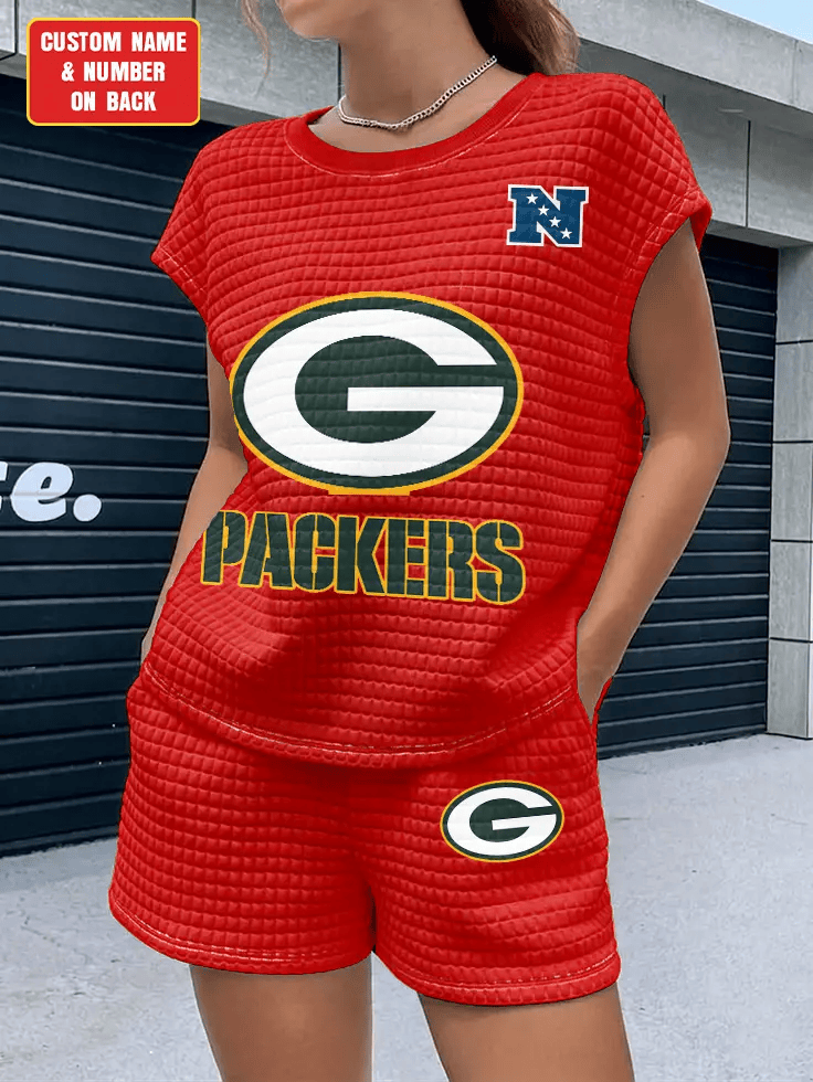 Green Bay Packers Women Waffle Bat Sleeves Shirt And Shorts Set PT75PG