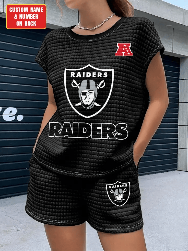 Las Vegas Raiders Women Waffle Bat Sleeves Shirt And Shorts Set PJSR6J
