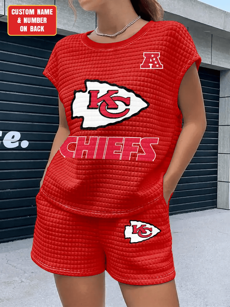 Kansas City Chiefs Women Waffle Bat Sleeves Shirt And Shorts Set PPC87F