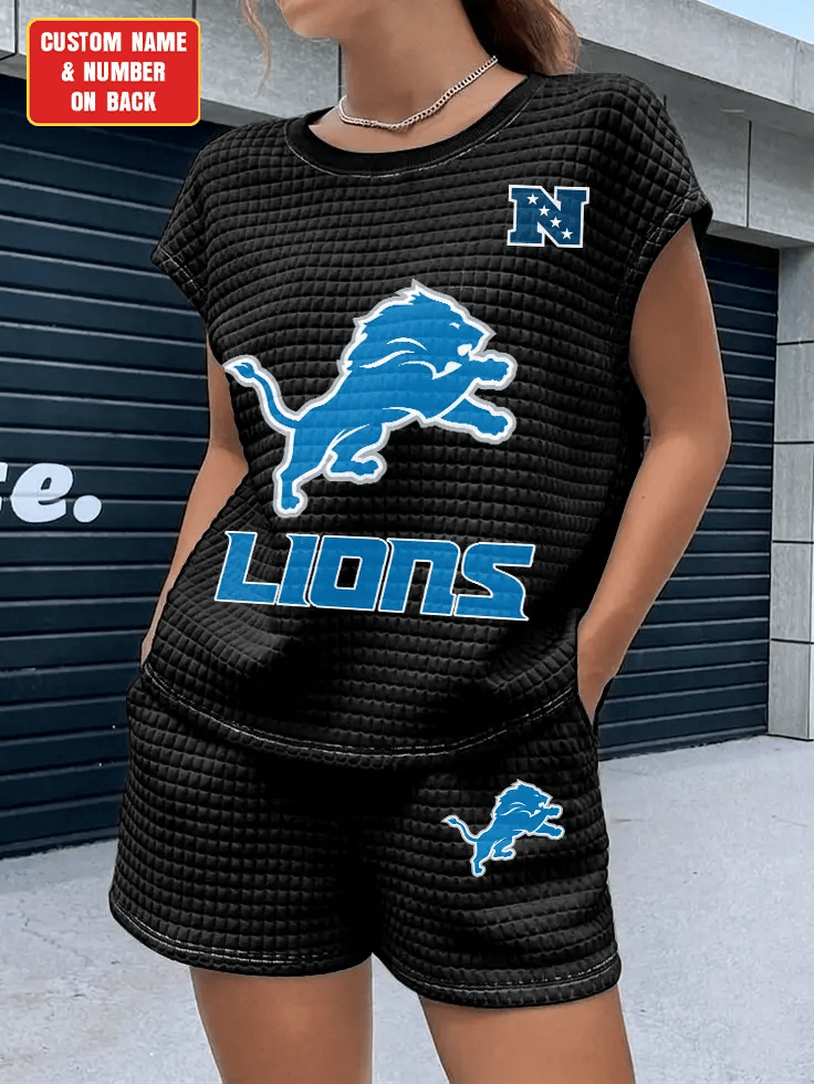 Detroit Lions Women Waffle Bat Sleeves Shirt And Shorts Set PRWPGN