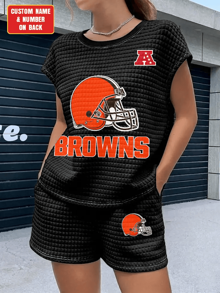 Cleveland Browns Women Waffle Bat Sleeves Shirt And Shorts Set PSNKM4