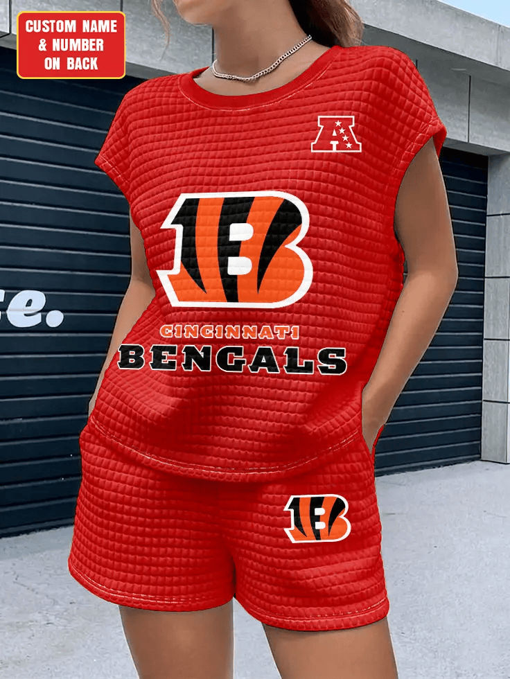 Cincinnati Bengals Women Waffle Bat Sleeves Shirt And Shorts Set PSE46S