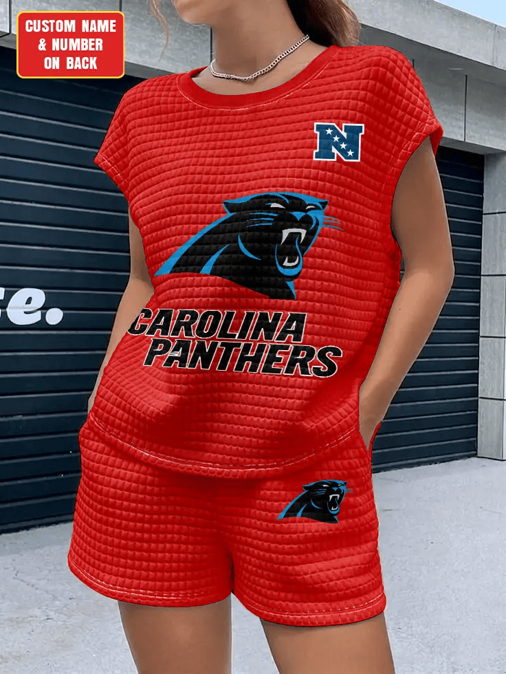 Carolina Panthers Women Waffle Bat Sleeves Shirt And Shorts Set P2XYXK