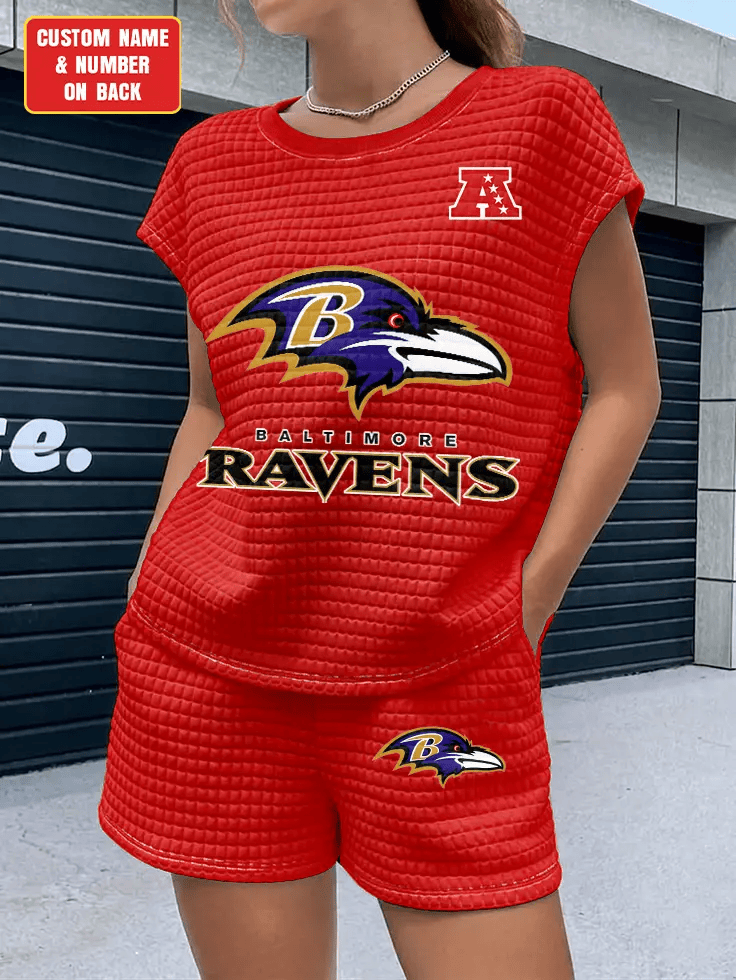 Baltimore Ravens Women Waffle Bat Sleeves Shirt And Shorts Set PY55ZQ