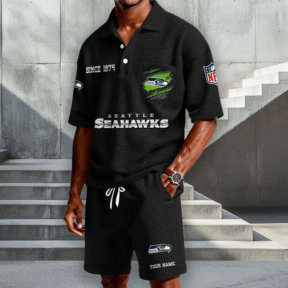 Seattle Seahawks Waffle Button Polo Shirt And Shorts PJUGGT