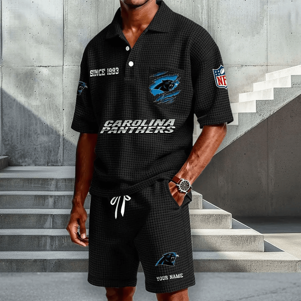 Carolina Panthers Waffle Button Polo Shirt And Shorts PEB3KH