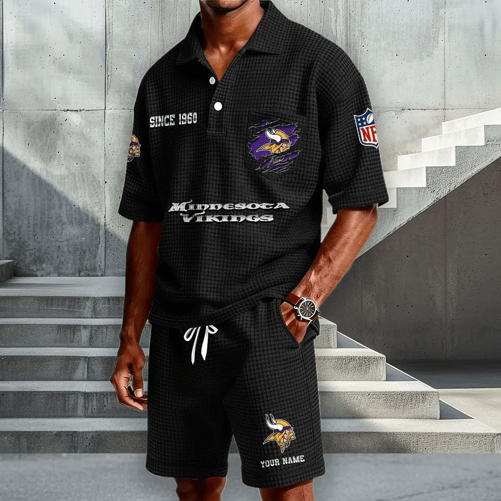 Minnesota Vikings Waffle Button Polo Shirt And Shorts PJ4P3R