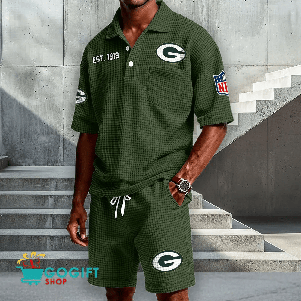 Green Bay Packers Waffle Button Polo Shirt And Shorts PJE7EJ