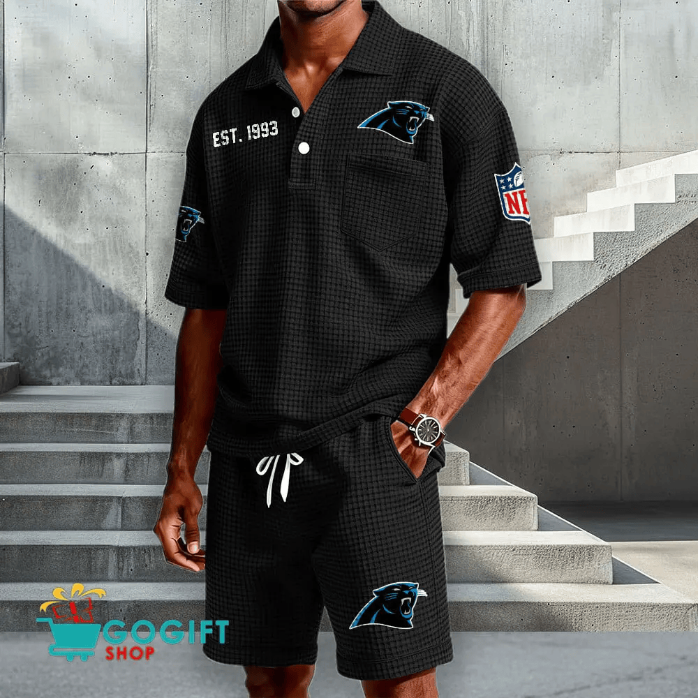 Carolina Panthers Waffle Button Polo Shirt And Shorts PETV3G