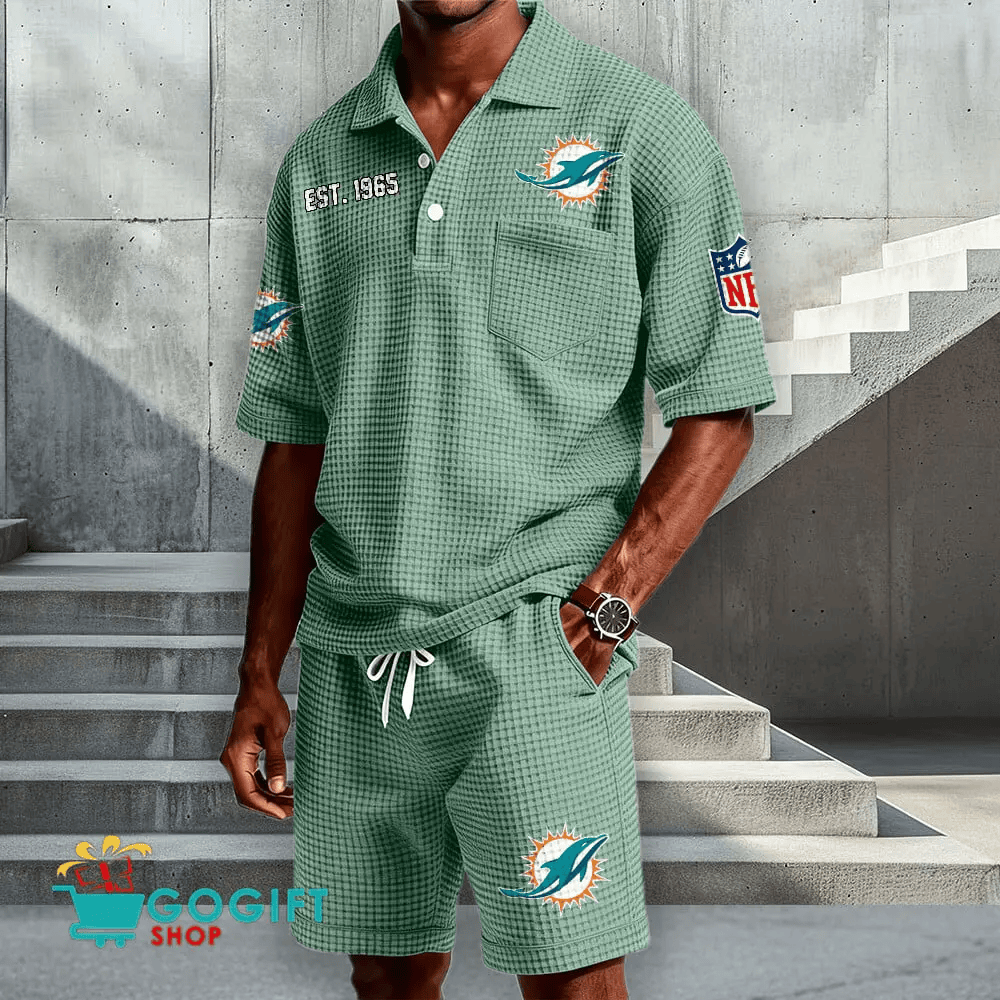 Miami Dolphins Waffle Button Polo Shirt And Shorts PFEFWU