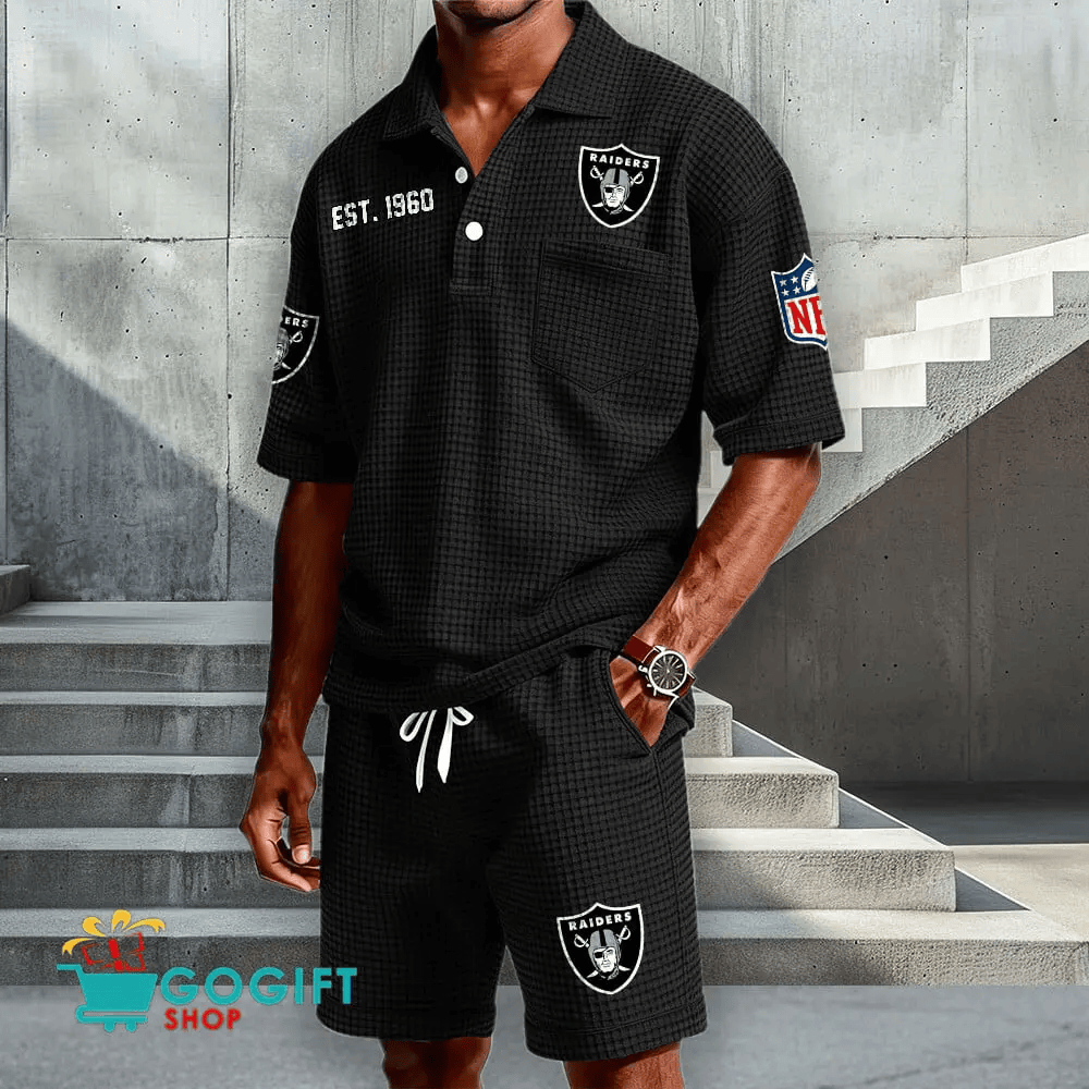 Las Vegas Raiders Waffle Button Polo Shirt And Shorts PZPLTX
