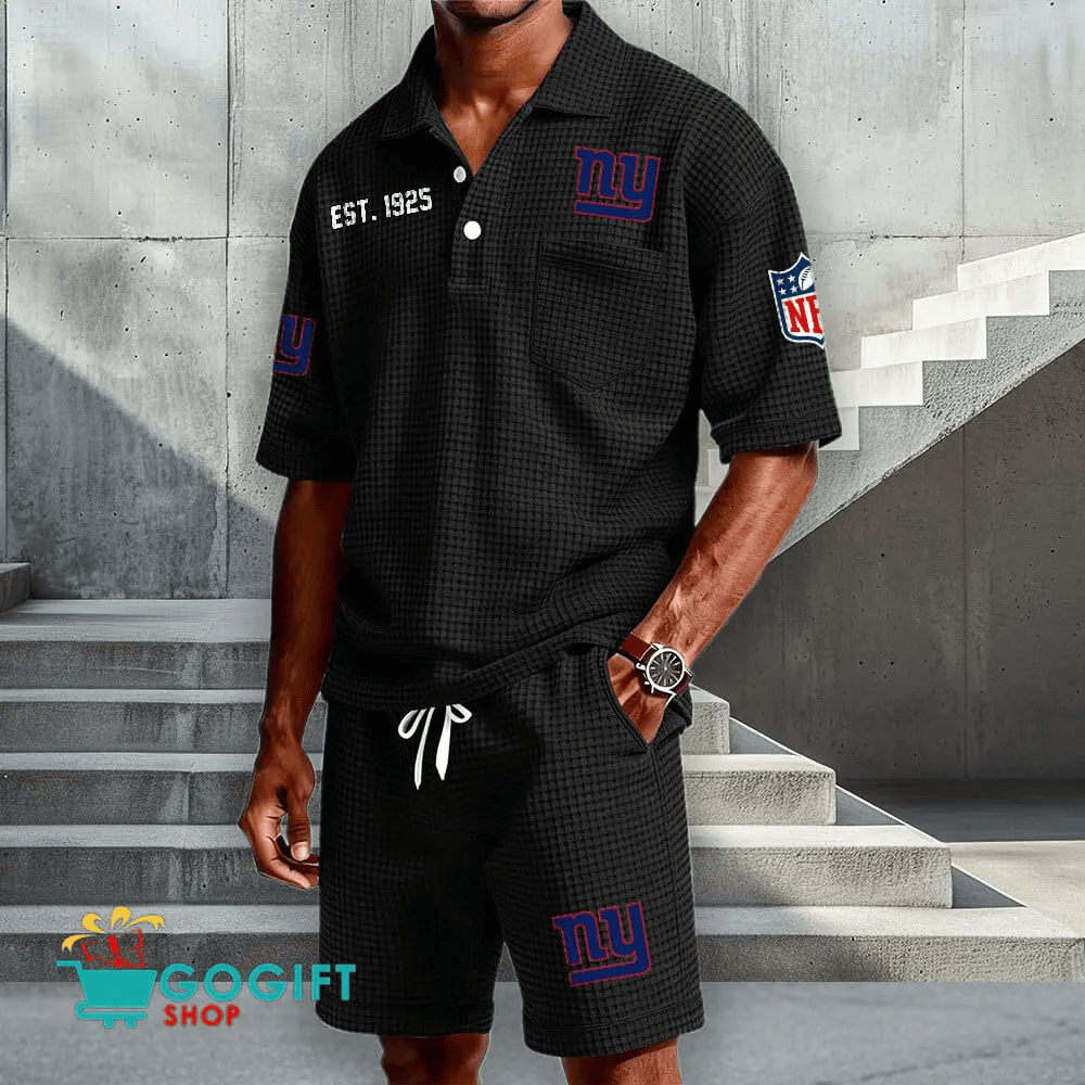 New York Giants Waffle Button Polo Shirt And Shorts PDH733
