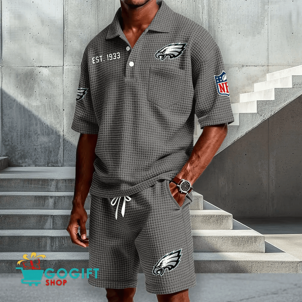 Philadelphia Eagles Waffle Button Polo Shirt And Shorts PL64CZ