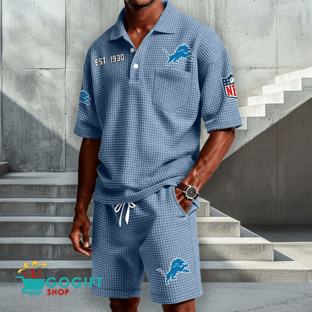 Detroit Lions Waffle Button Polo Shirt And Shorts P5MD3N
