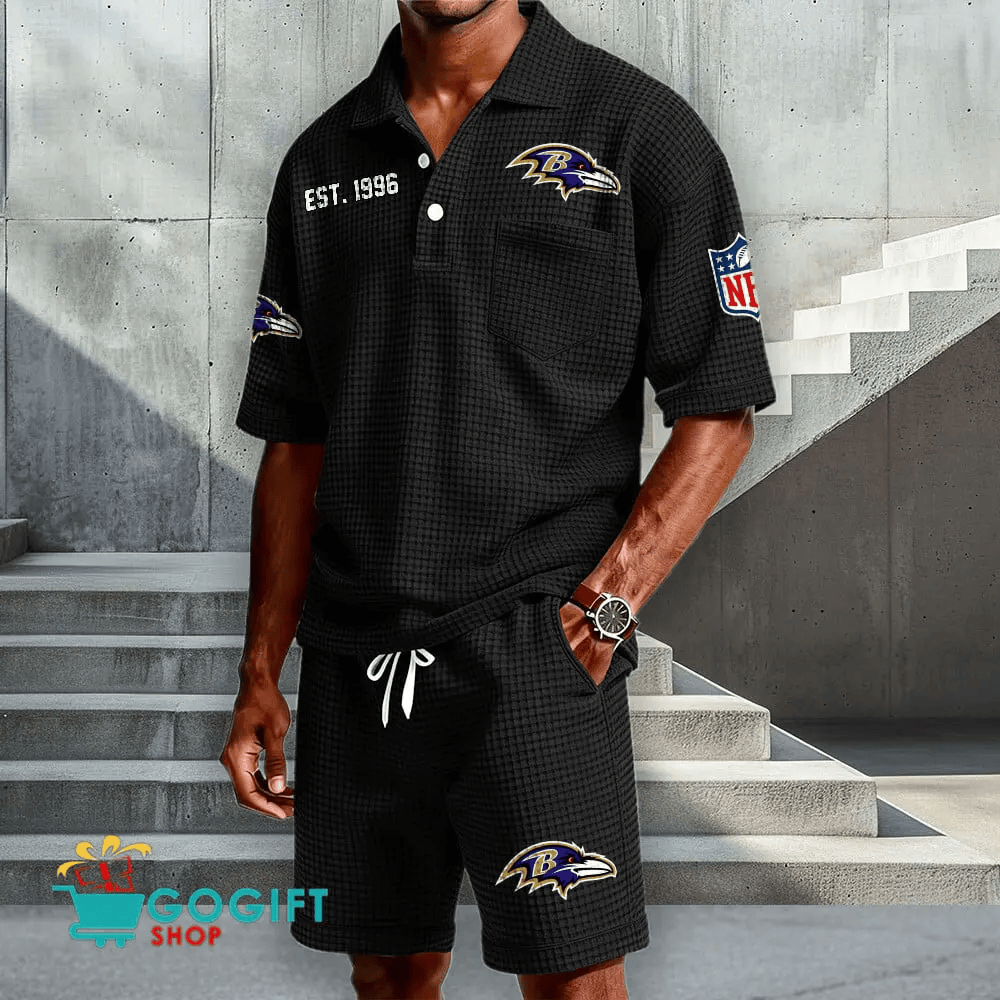 Baltimore Ravens Waffle Button Polo Shirt And Shorts PAUYSK
