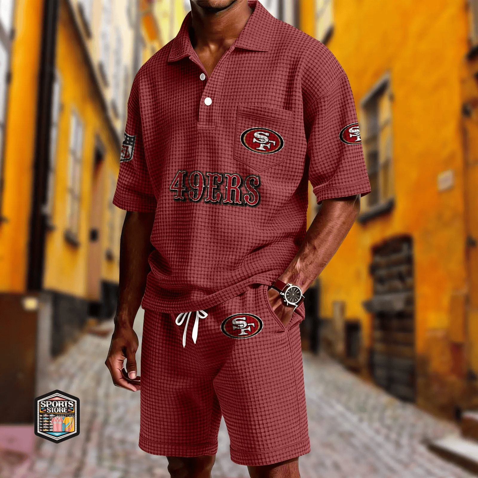 San Francisco 49ers Waffle Button Polo Shirt And Shorts PFP347