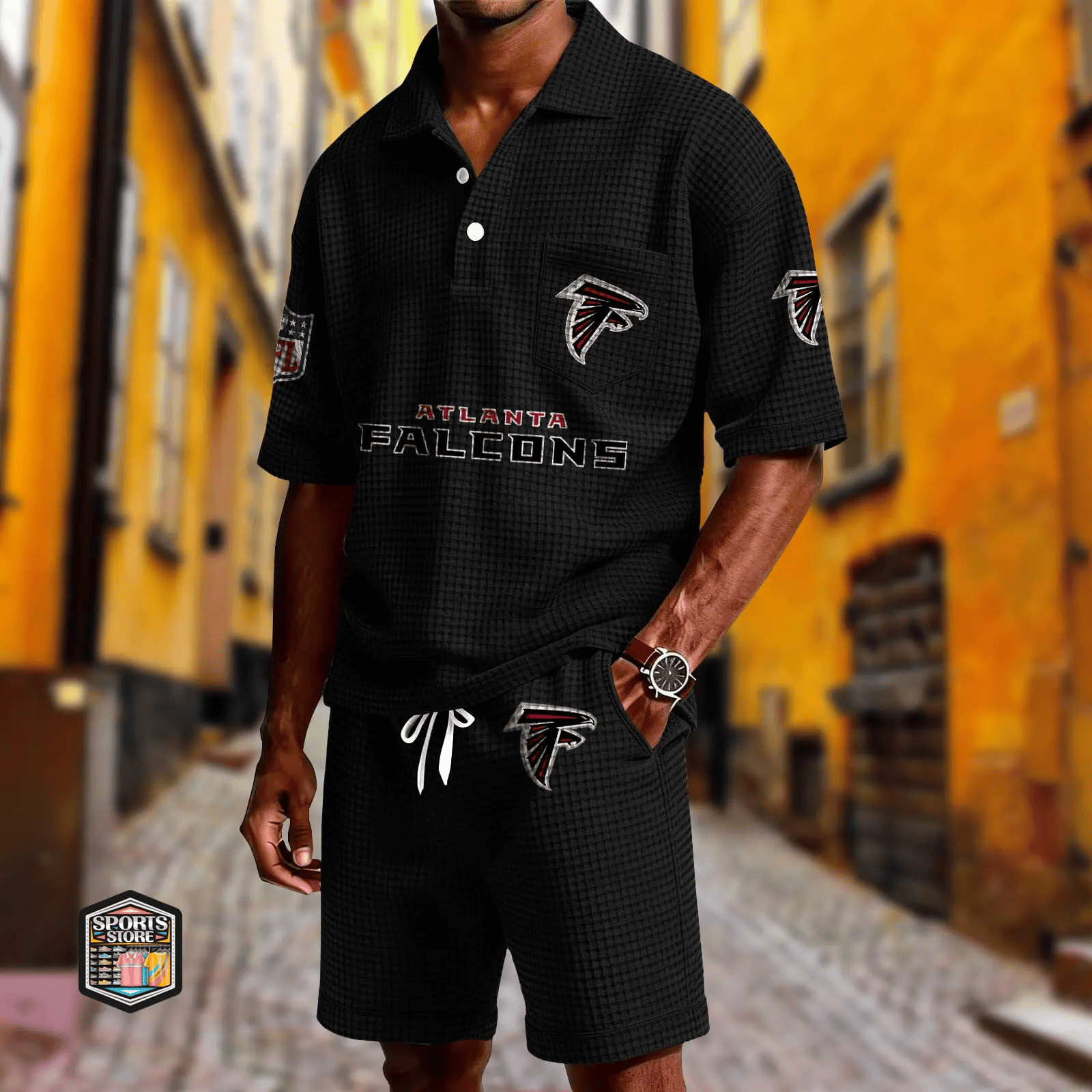 Atlanta Falcons Waffle Button Polo Shirt And Shorts PF64U7