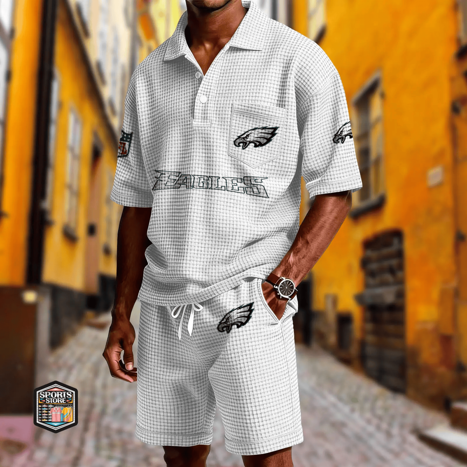 Philadelphia Eagles Waffle Button Polo Shirt And Shorts PB76JY