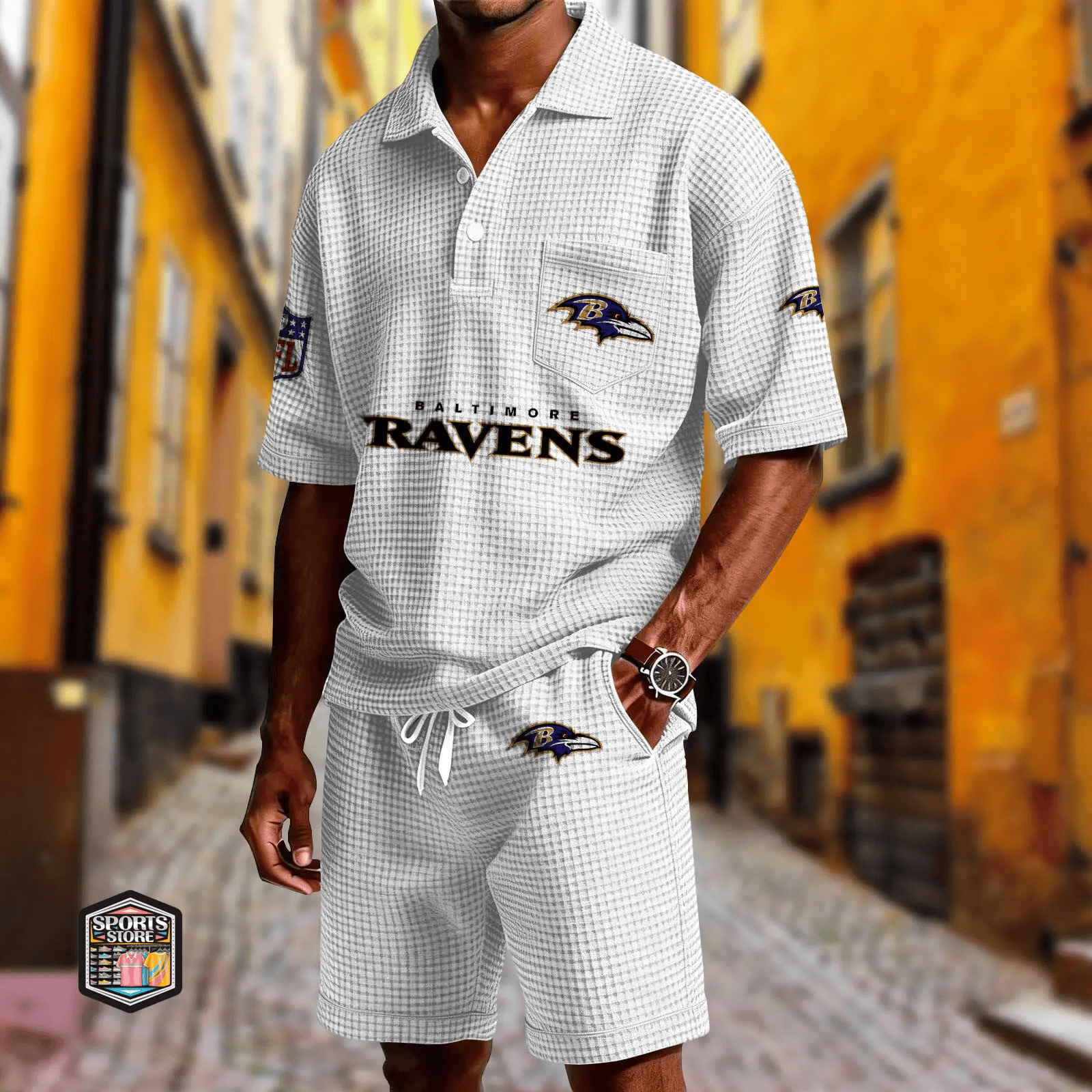 Baltimore Ravens Waffle Button Polo Shirt And Shorts PM5XP4