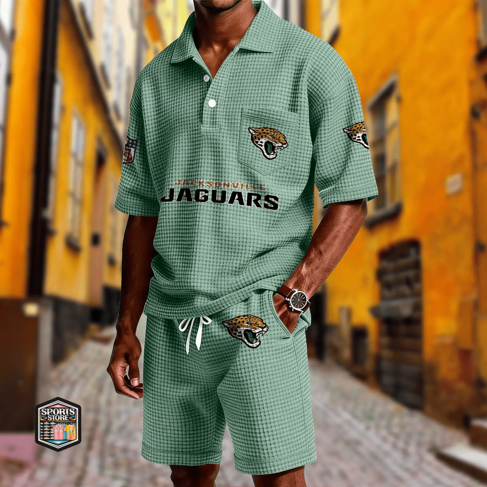 Jacksonville Jaguars Waffle Button Polo Shirt And Shorts P24V3T