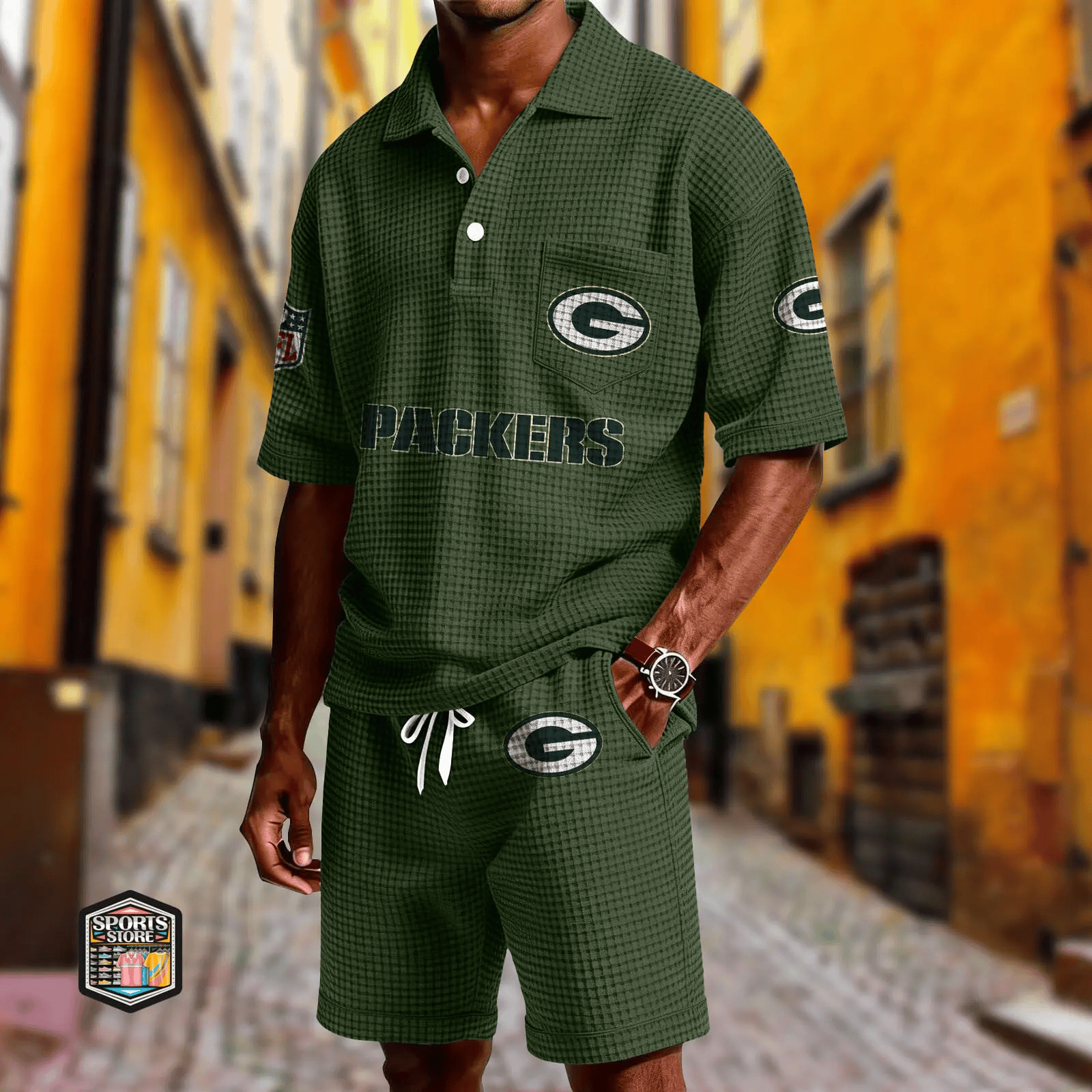 Green Bay Packers Waffle Button Polo Shirt And Shorts PJACFB