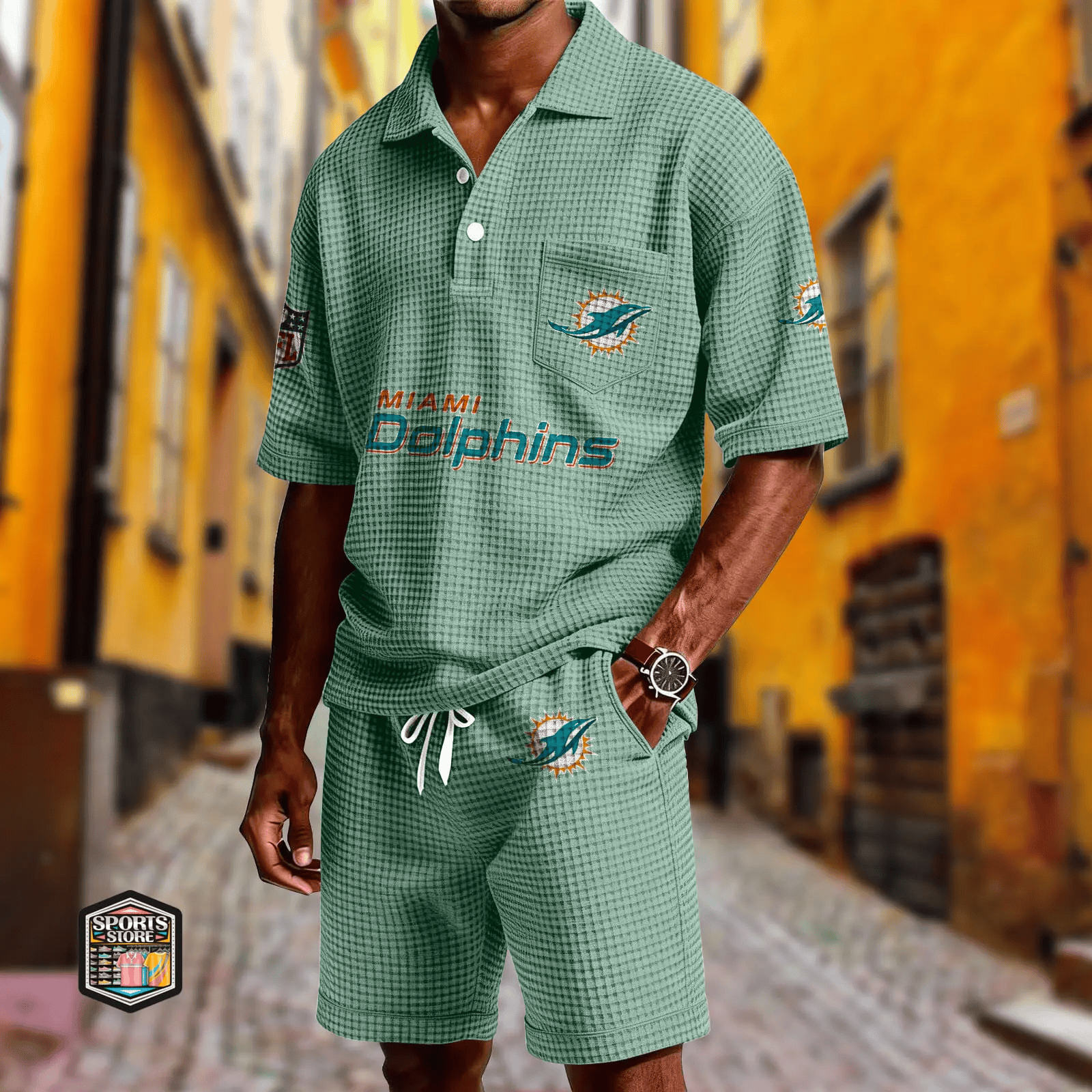 Miami Dolphins Waffle Button Polo Shirt And Shorts PEMPJK