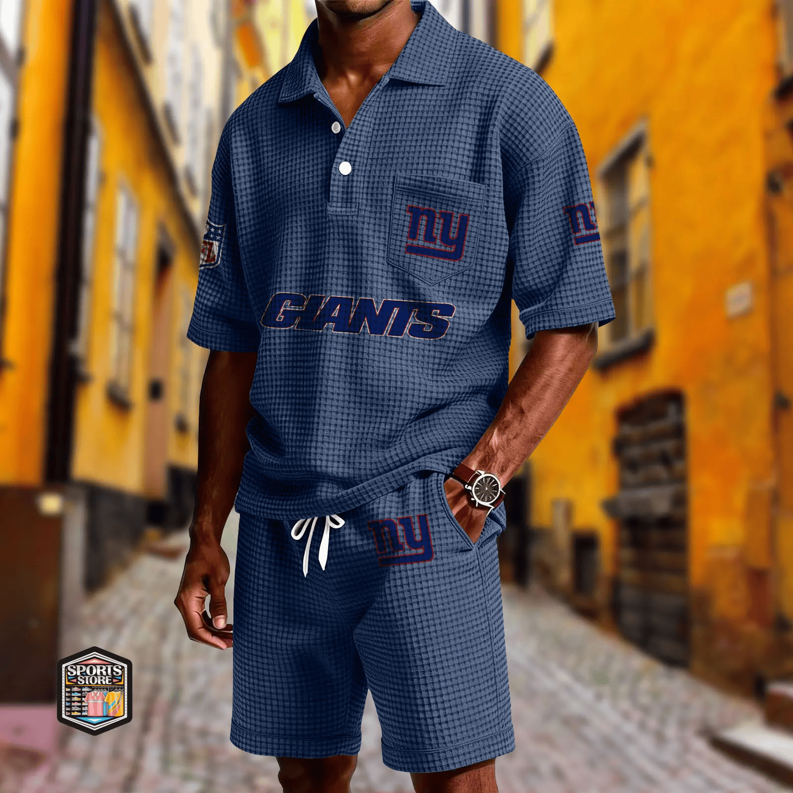 New York Giants Waffle Button Polo Shirt And Shorts P5YPHW