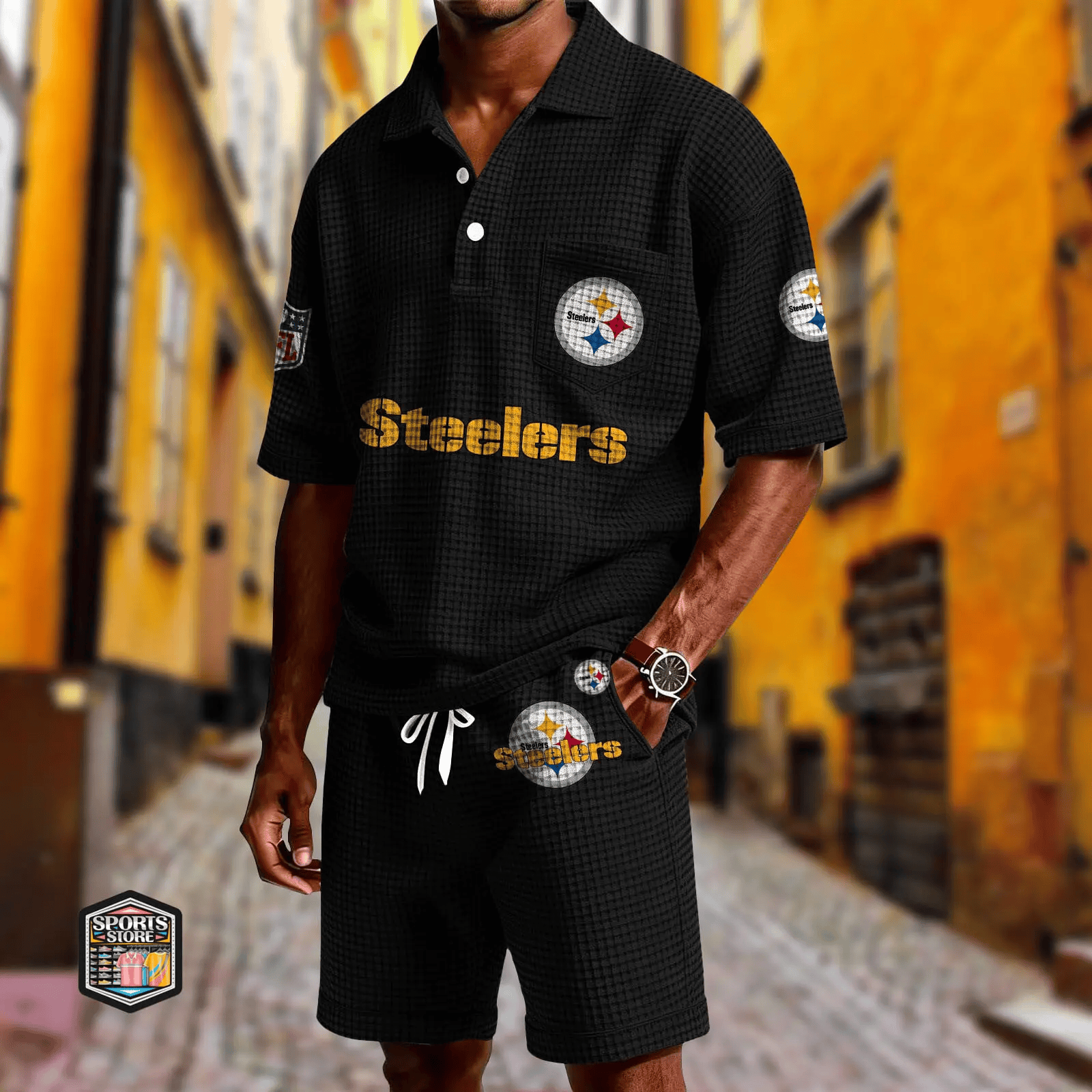 Pittsburgh Steelers Waffle Button Polo Shirt And Shorts PRA7L2