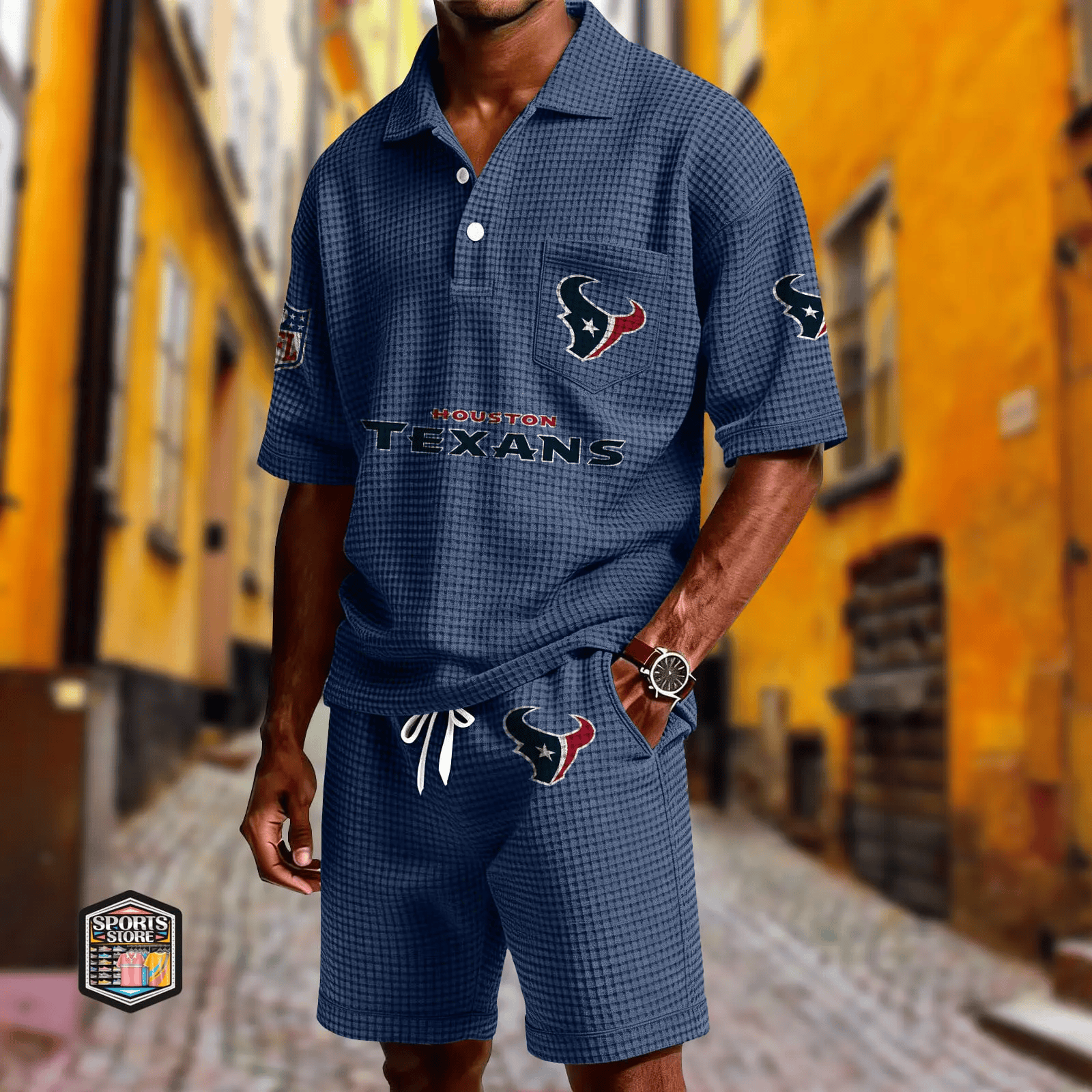 Houston Texans Waffle Button Polo Shirt And Shorts PJQLAG