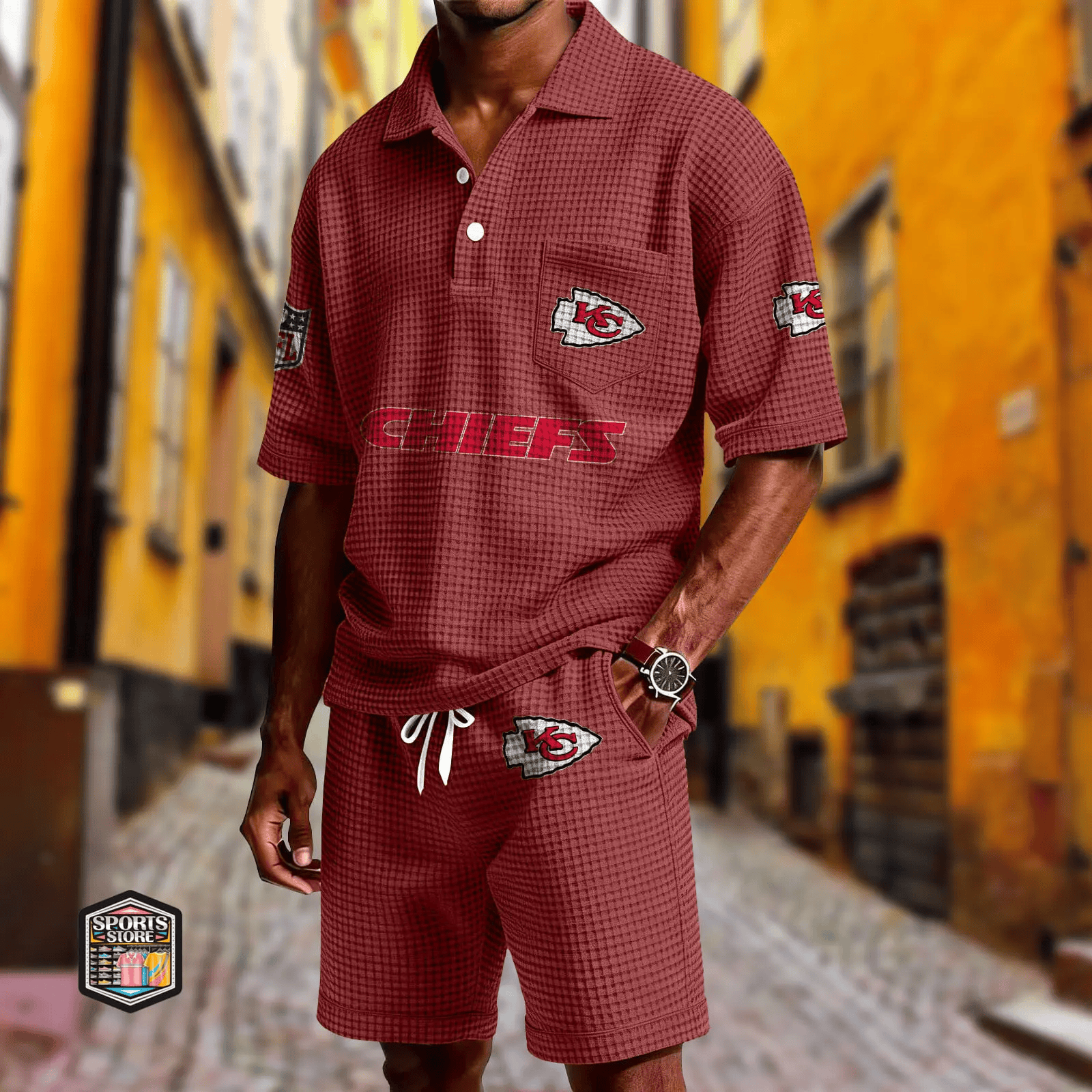 Kansas City Chiefs Waffle Button Polo Shirt And Shorts P29R4M