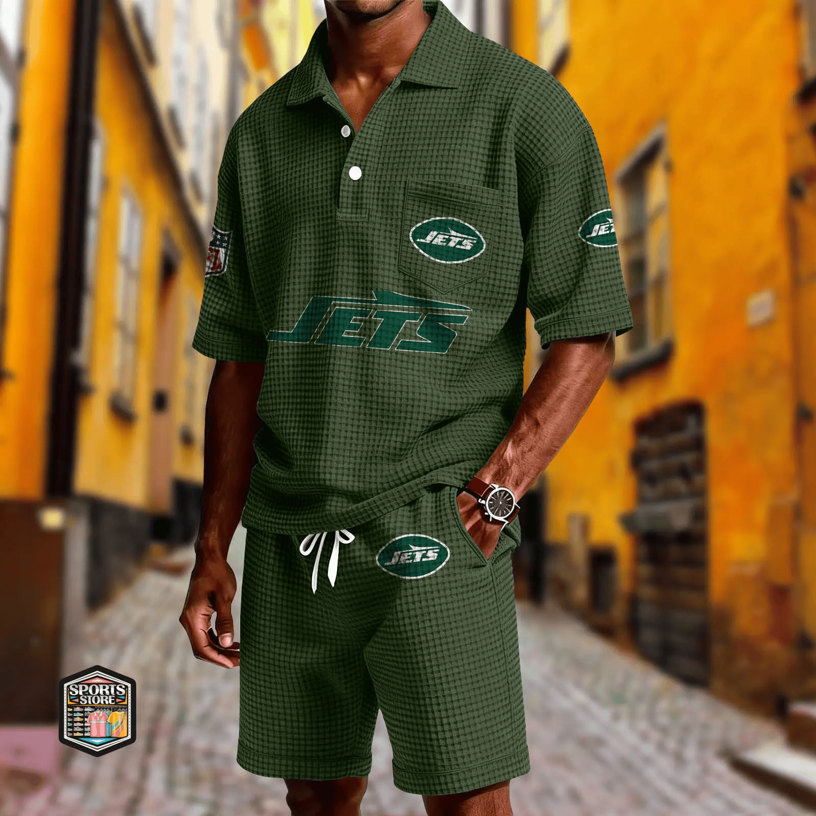 New York Jets Waffle Button Polo Shirt And Shorts PYV2SN